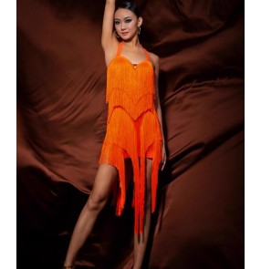 Women girls black orange fringe latin dance dresses for girls tassels cha cha rumba flamenco samba dance skirts for female